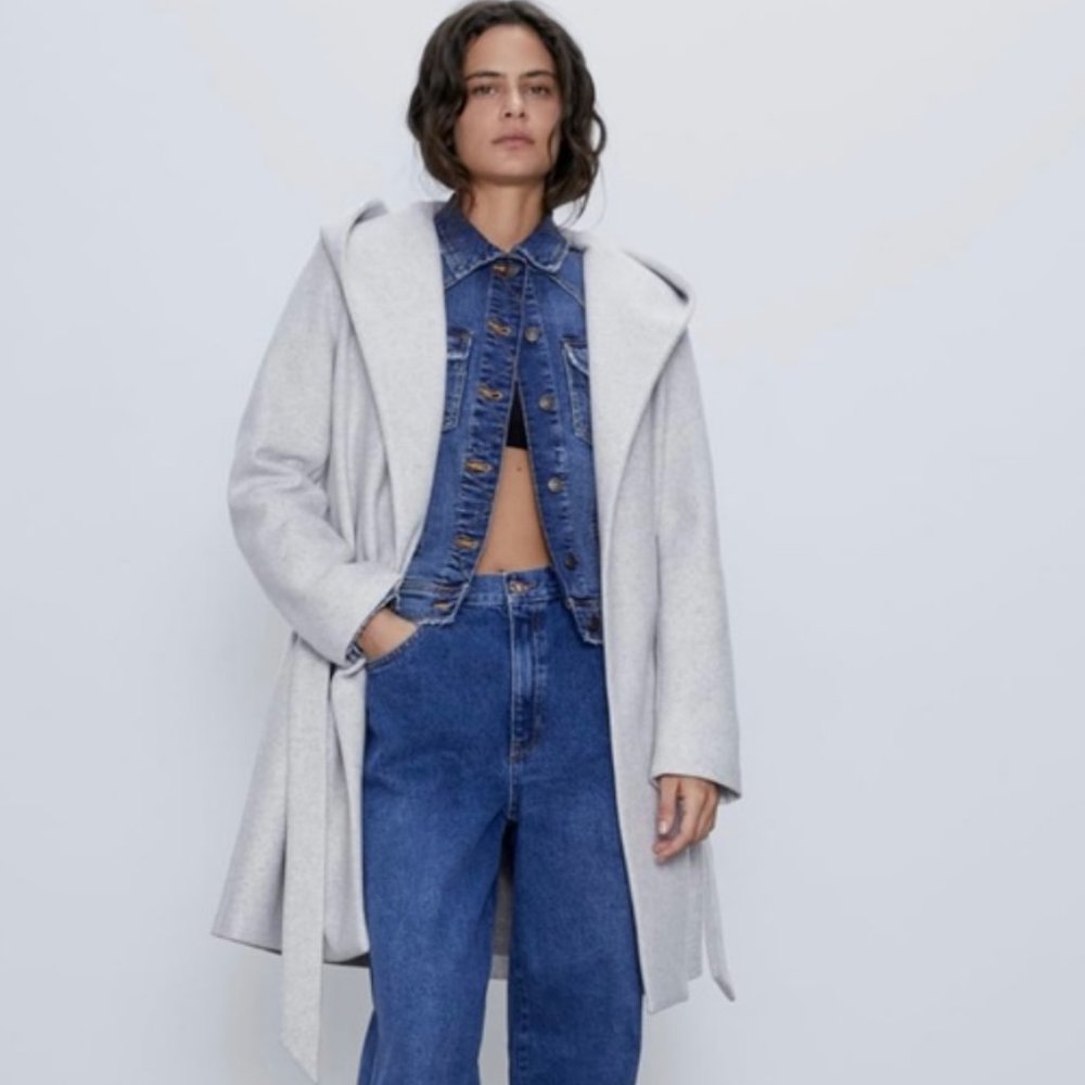 Zara Hooded Belted Gray Winter Coat